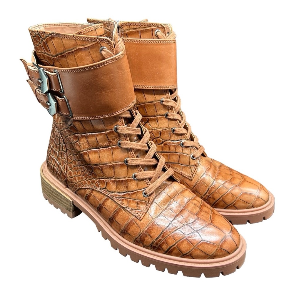 Vince Camuto Fawdry Tan Crocodile Embossed Leather Combat Moto Boots 8.5M